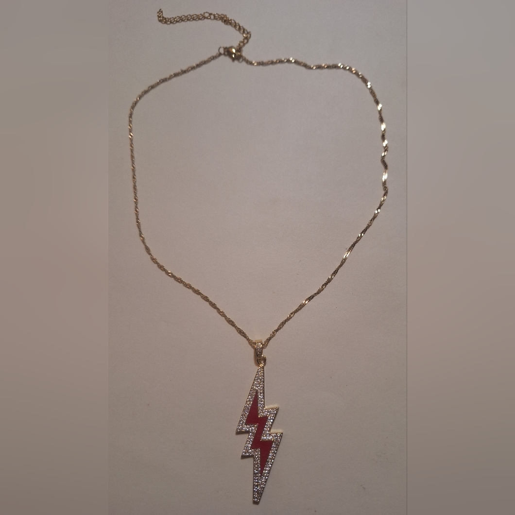 Oak & Ivy Boutique Gold Tone Red W/Rhinestones Lightning Bolt Necklace 17.75-21